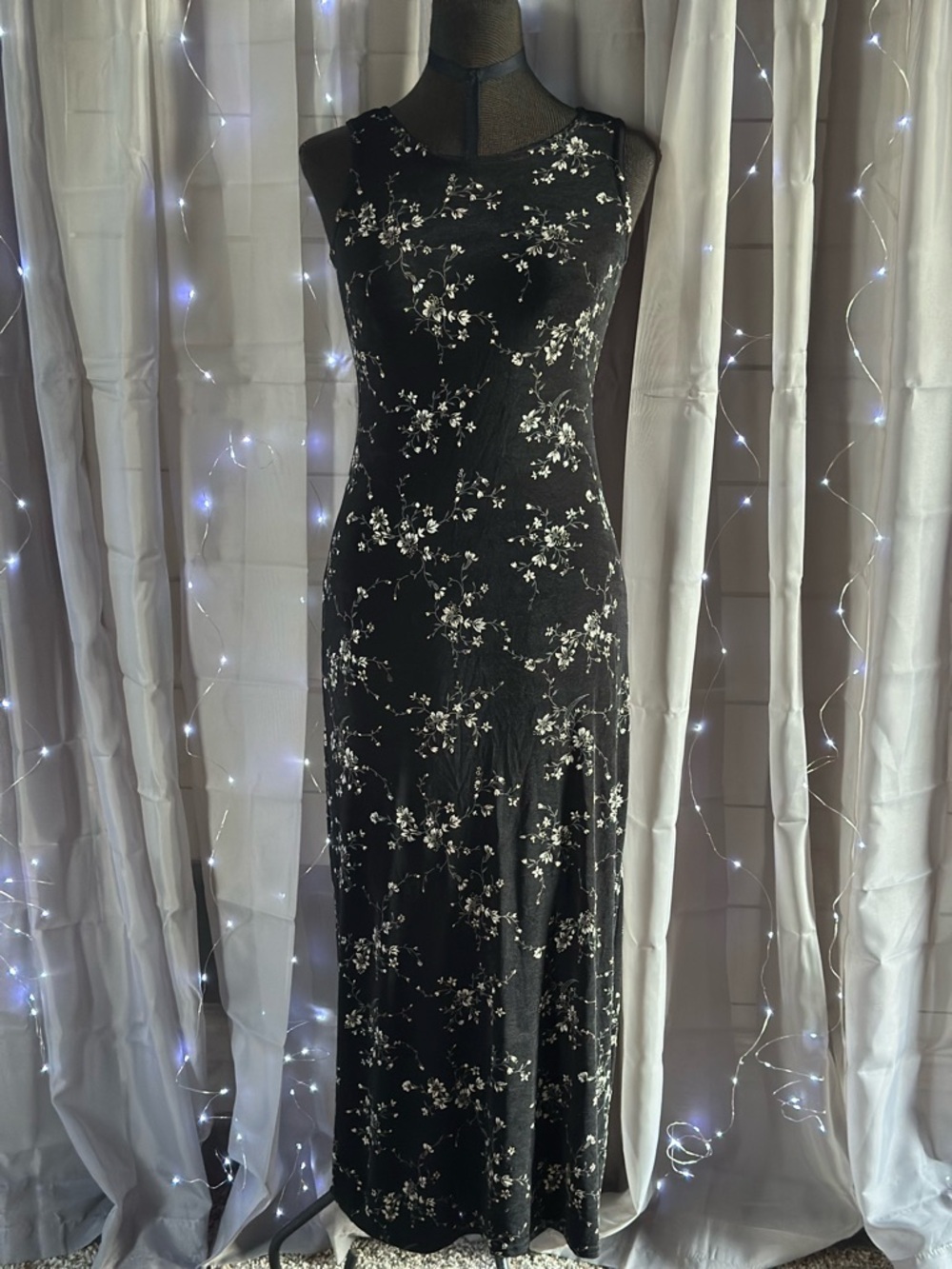 Vintage Jalate Black floral maxi dress semi sheer Sz S